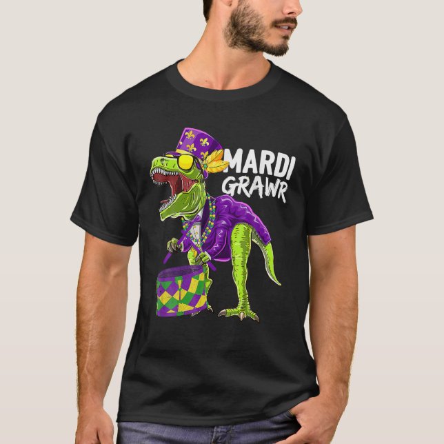 Camiseta Mardi Gras T Rex Dinosaurios cuentas Drum Funny Su (Anverso)