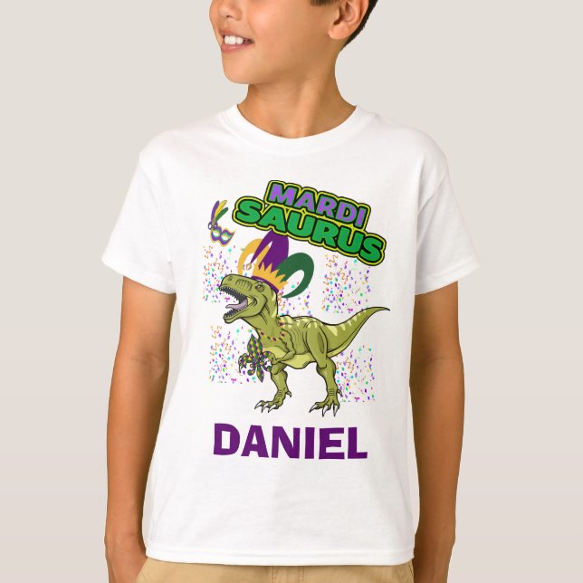 Camiseta Mardi Gras Tyrannosaurus CON NOMBRE PERSONALIZADO (Anverso)
