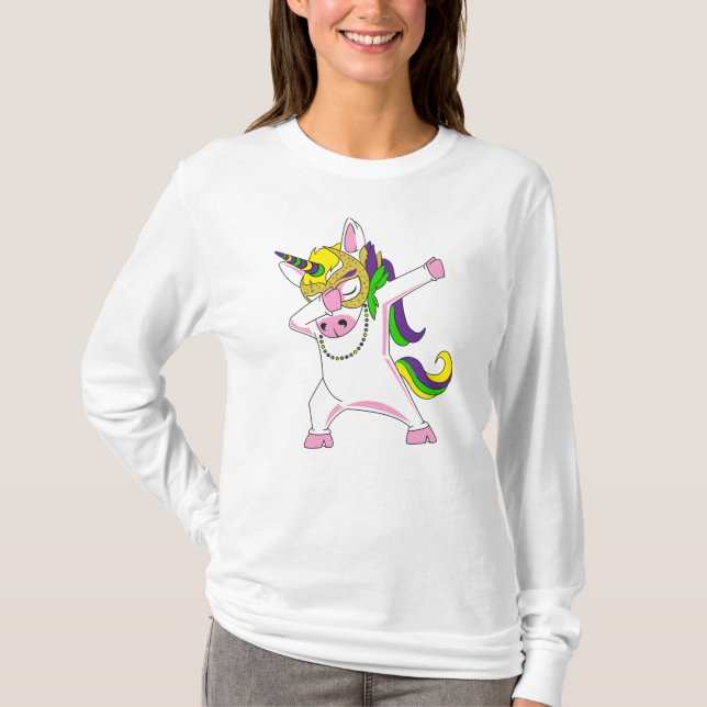 Camiseta Mardi Gras Unicorn Dabbing Púrpura amarillo (Anverso)