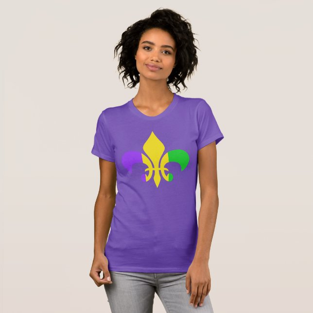 Camiseta Mardi Gras verde violeta amarilla (Anverso completo)