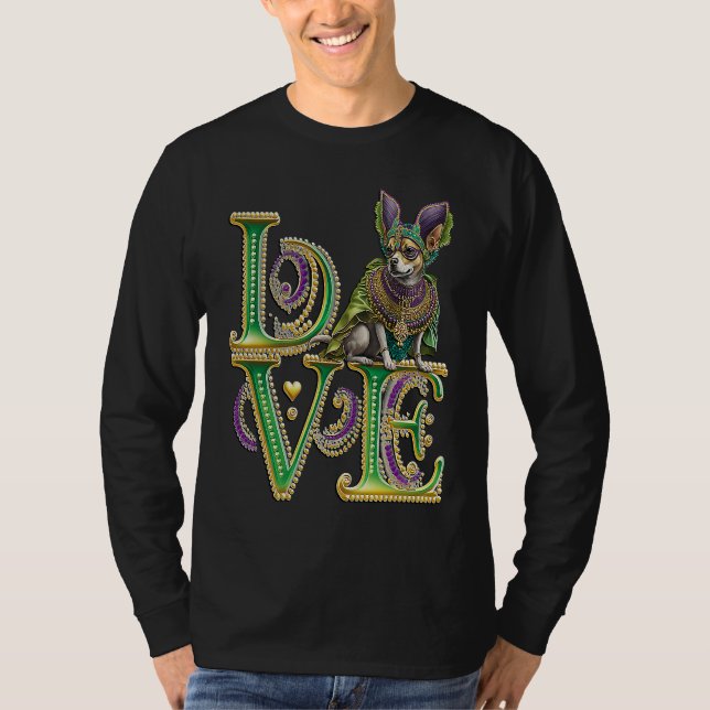Camiseta Mardi Gras Word LOVE Chihuahua Masquerade (Anverso)