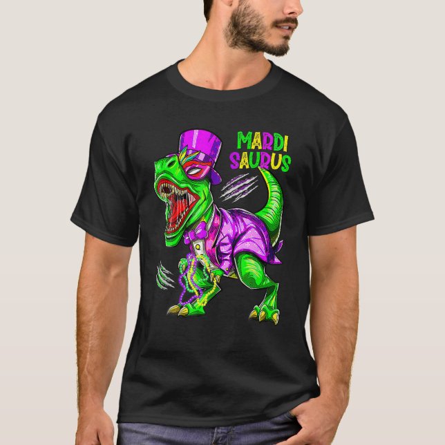Camiseta Mardi Grawr T Rex Dinosaur Bead Mardi Gras Fiesta  (Anverso)
