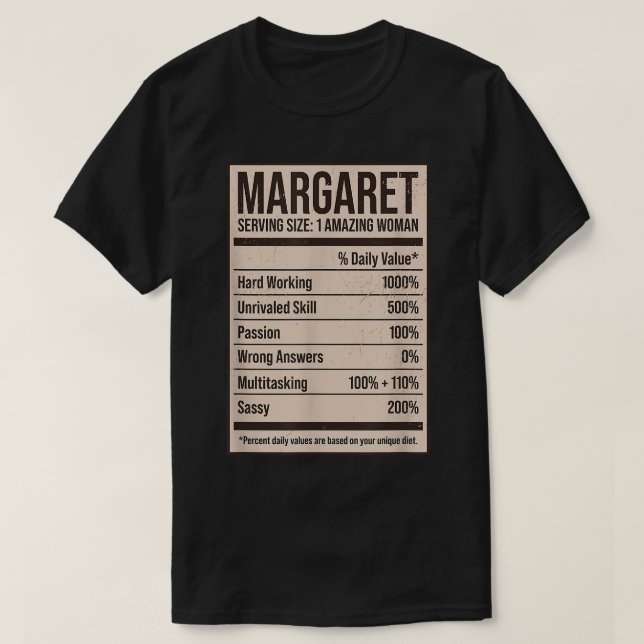 Camiseta Margaret Nutrition Facts Name Nickname Alias Title (Diseño del anverso)
