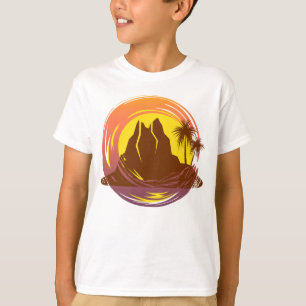 Camiseta Margen con el paisaje volcánico tropical y palmera