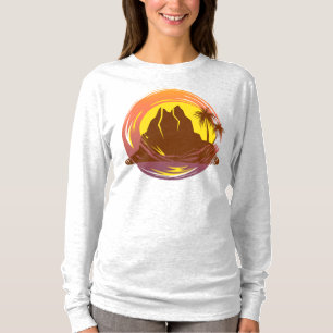 Camiseta Margen con el paisaje volcánico tropical y palmera