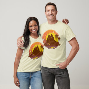 Camiseta Margen con el paisaje volcánico tropical y palmera