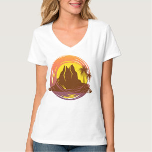 Camiseta Margen con el paisaje volcánico tropical y palmera