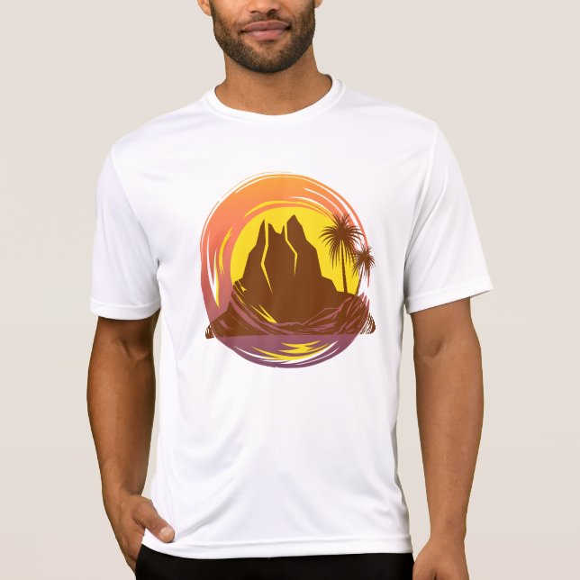 Camiseta Margen con el paisaje volcánico tropical y palmera (Anverso)