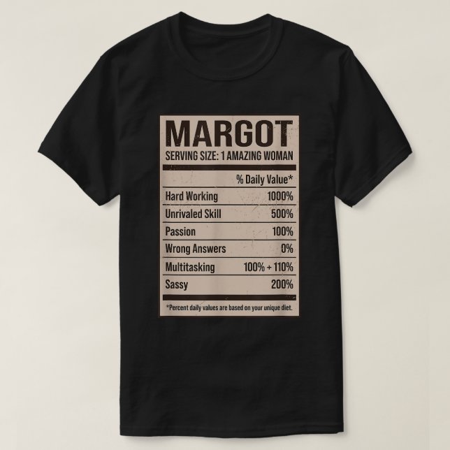 Camiseta Margot Nutrition Facts Name Nickname Alias Título  (Diseño del anverso)
