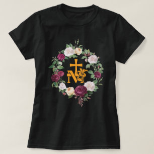 Camiseta Marian Catholic M & Faith Cross Floral Religion