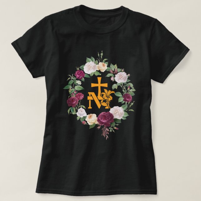 Camiseta Marian Catholic M & Faith Cross Floral Religion (Diseño del anverso)