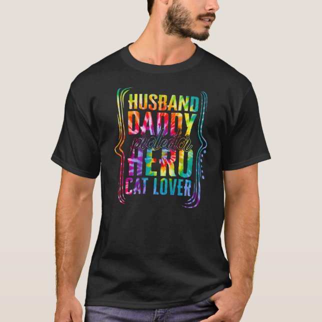 Camiseta Marido Papá Protector Héroe Gato Tie Dye Dorado Fa (Anverso)