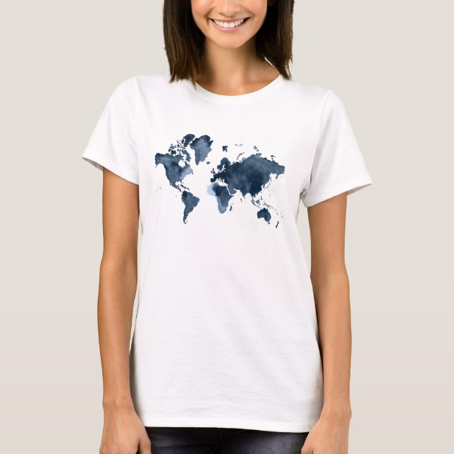 Camiseta Marina de acuarela del Mapa Mundial (Anverso)