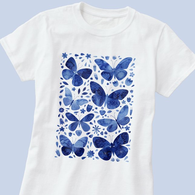 Camiseta Mariposa acuarela Azul T-Shirt (Indigo navy blue and white watercolor butterfly art t-shirt)
