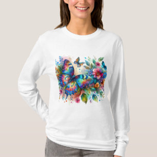 Camiseta Mariposa acuarela Flores Florales Rosa Azul