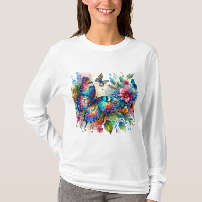 Camiseta Mariposa acuarela Flores Florales Rosa Azul (Anverso)