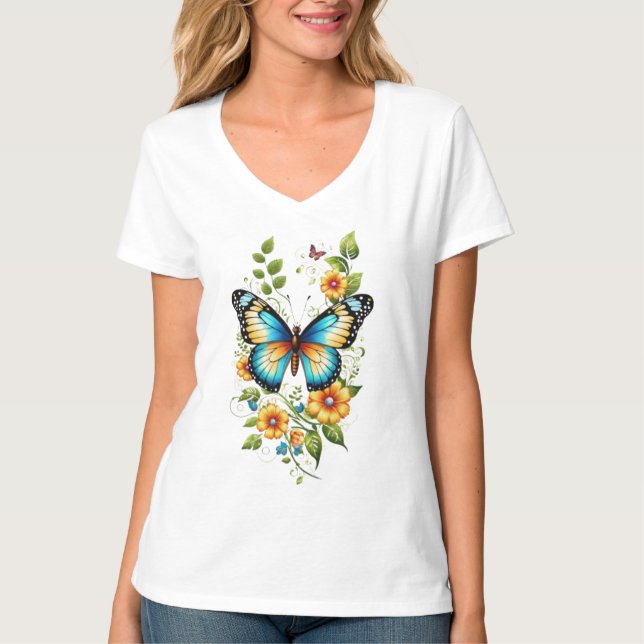 Camiseta Mariposa azul y flores amarillas-45871 Hoodie (Anverso)