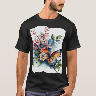 Camiseta Mariposa Con Flores Ilustracion Acuático
