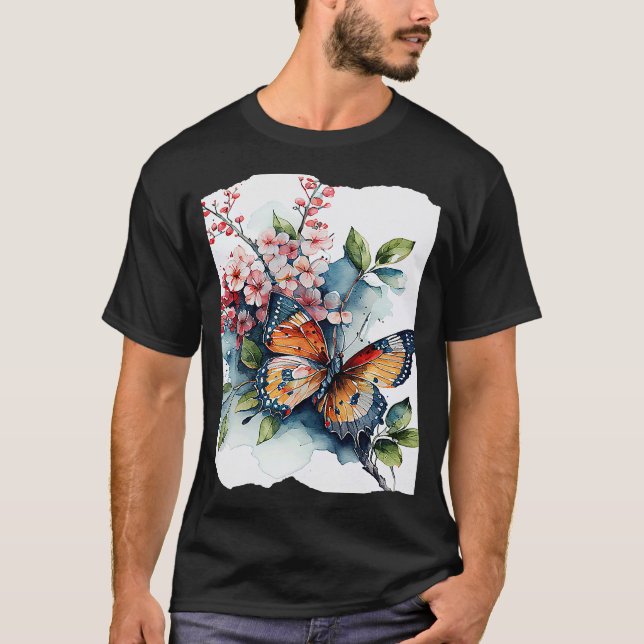 Camiseta Mariposa Con Flores Ilustracion Acuático (Anverso)