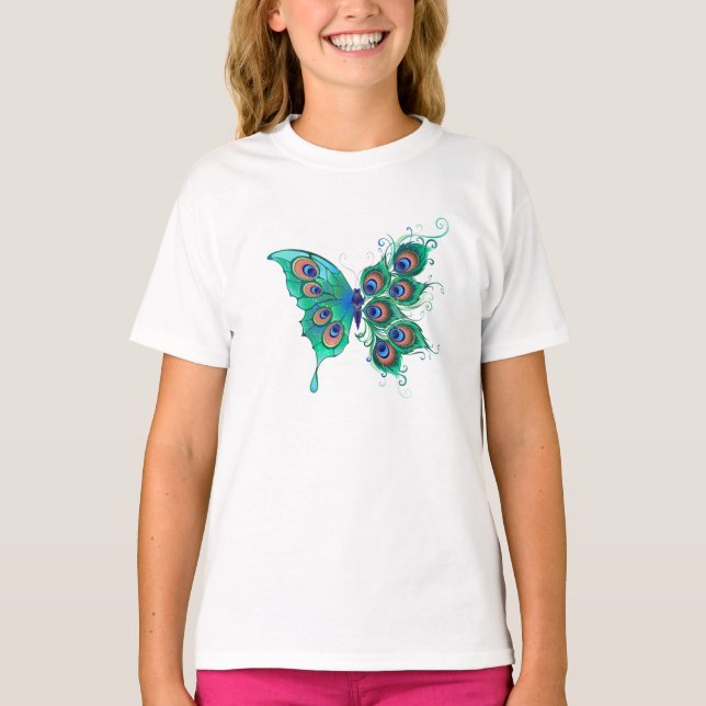 Camiseta Mariposa con plumas de pavo real verde (Anverso)