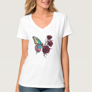 Camiseta Mariposa de arte tatuaje con Rosas - cuello-V feme