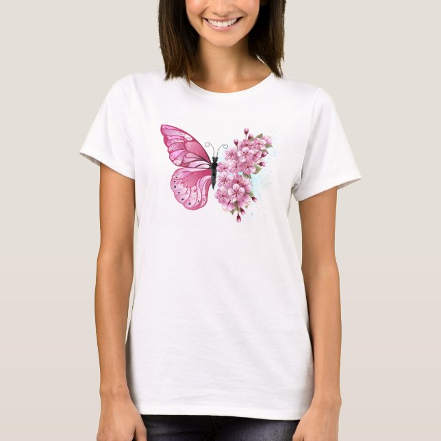 Camiseta Mariposa de flores con Sakura rosa (Anverso)