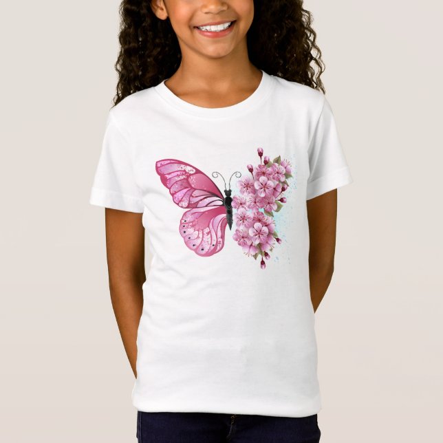 Camiseta Mariposa de flores con Sakura rosa (Anverso)