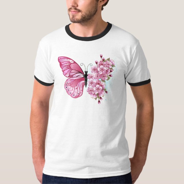 Camiseta Mariposa de flores con Sakura rosa (Anverso)