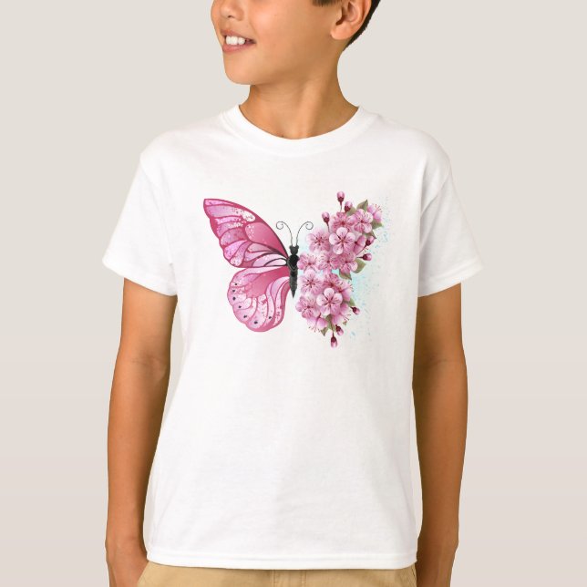 Camiseta Mariposa de flores con Sakura rosa (Anverso)