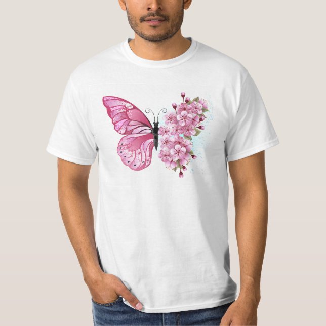 Camiseta Mariposa de flores con Sakura rosa (Anverso)