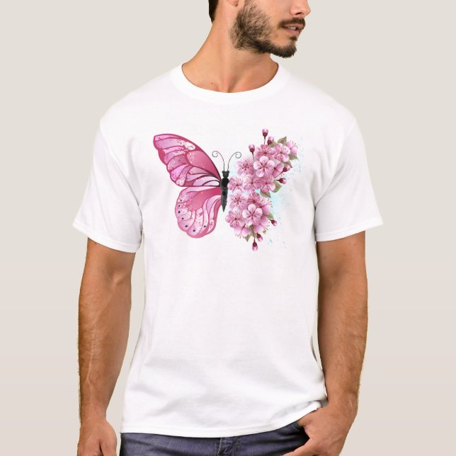 Camiseta Mariposa de flores con Sakura rosa (Anverso)
