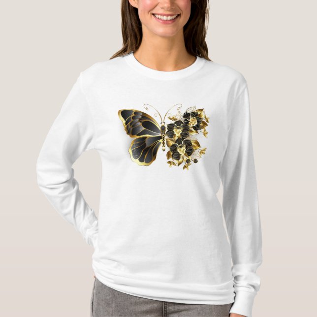 Camiseta Mariposa de flores de oro con orquídea negra (Anverso)