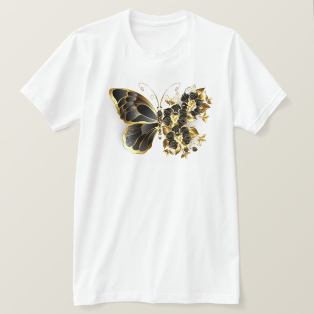 Camiseta Mariposa de flores de oro con orquídea negra (Anverso del diseño)