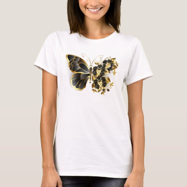 Camiseta Mariposa de flores de oro con orquídea negra (Anverso)