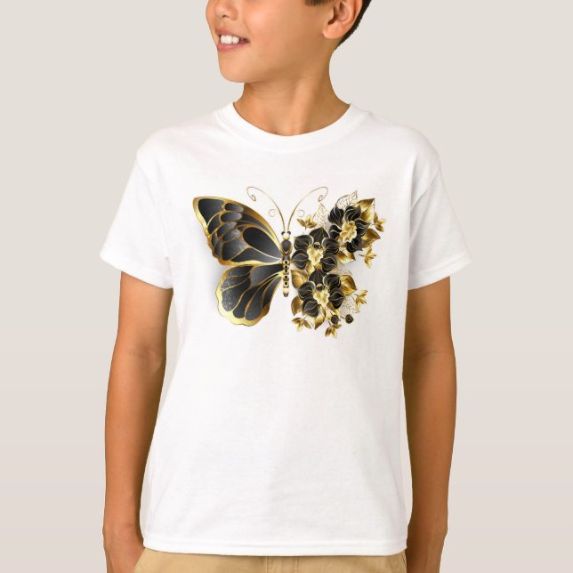 Camiseta Mariposa de flores de oro con orquídea negra (Anverso)