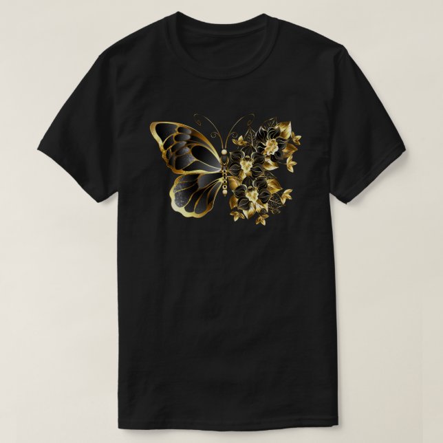 Camiseta Mariposa de flores de oro con orquídea negra (Diseño del anverso)