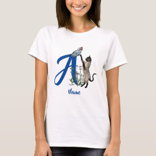 Camiseta Mariposa de gato siamés Monograma Inicial Un nombr