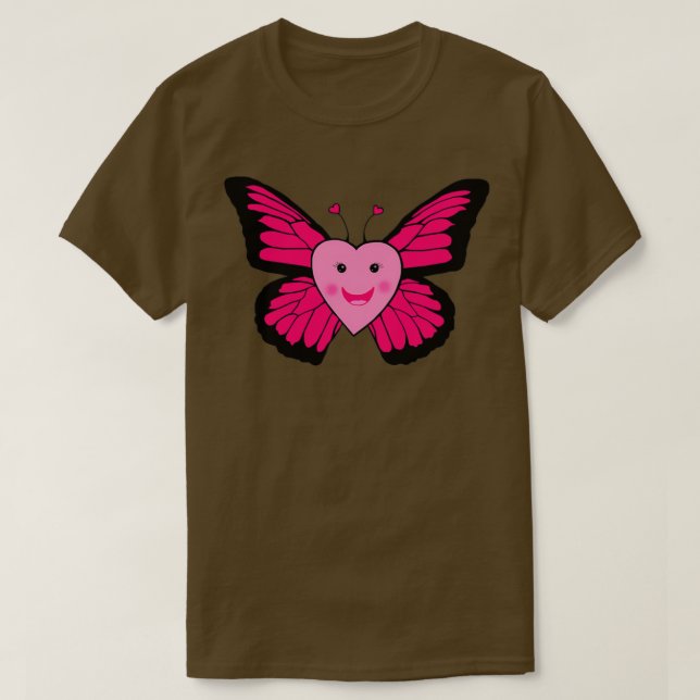 Camiseta Mariposa del corazón rosado feliz (Diseño del anverso)
