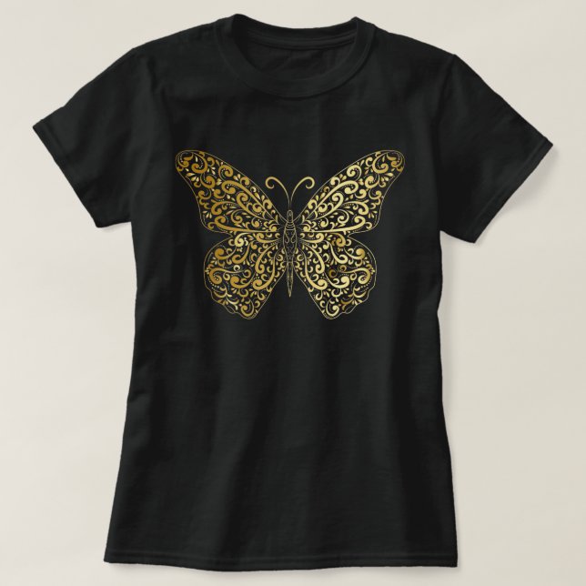 Camiseta Mariposa elegante floreciente de oro (Diseño del anverso)