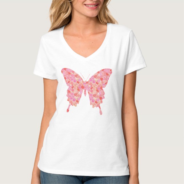 Camiseta Mariposa en patrón floral - rosa, naranja (Anverso)