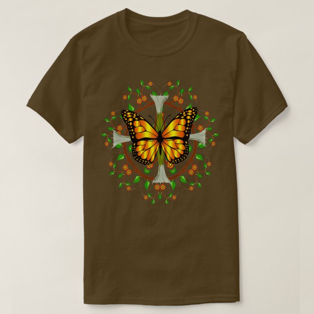 Camiseta Mariposa monarca con hojas de flores de Datura (Diseño del anverso)