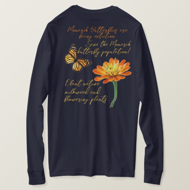 Camiseta Mariposa monarca, flor zinnia, (Reverso del diseño)