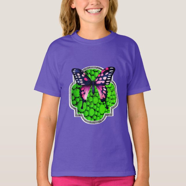 Camiseta Mariposa morada, puntos verdes, astrología (Anverso)