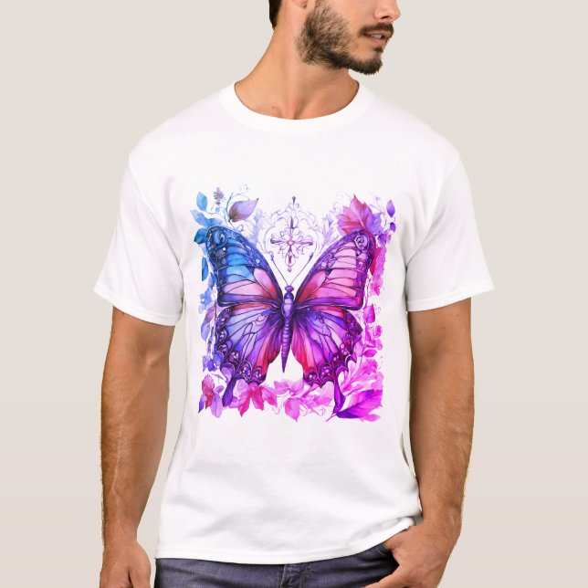 Camiseta Mariposa morada Rosa Azul Azul Cruz Santa (Anverso)