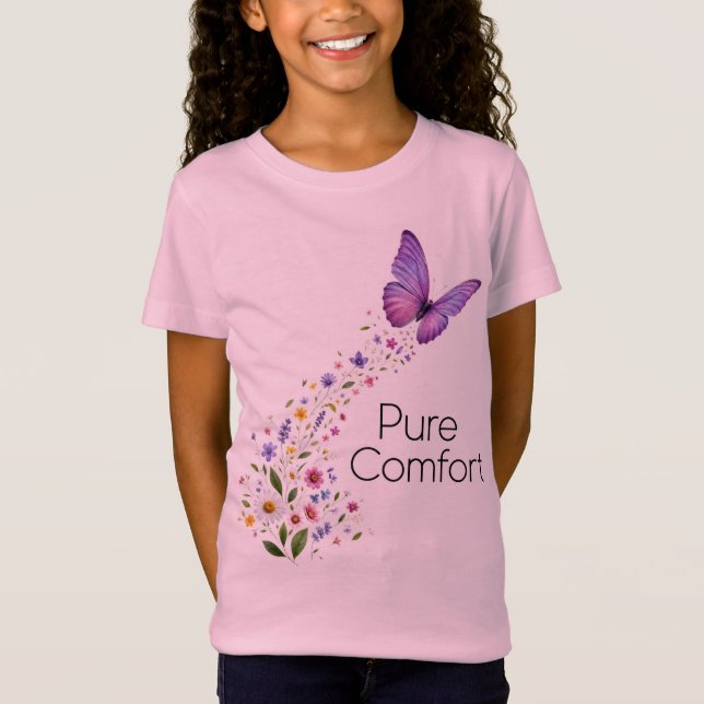 Camiseta Mariposa Morada Vibrante con Sendero de Flores Sil (Anverso)