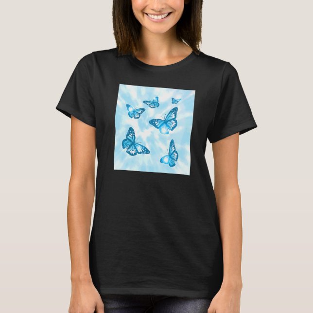 Camiseta Mariposa Pastel De Estética Ciana Y Tejido Azul (Anverso)