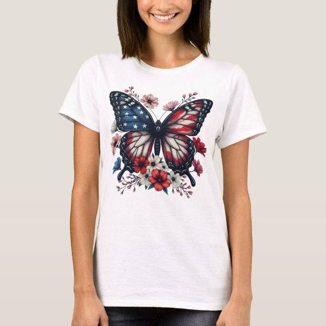 Camiseta Mariposa Patriótica 4 de julio Bandera Floral de E (Anverso)