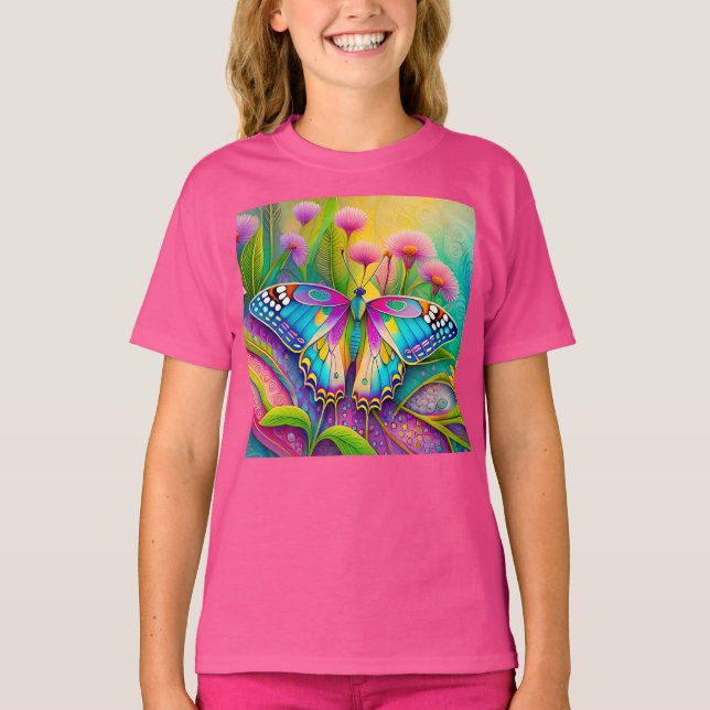 Camiseta Mariposa psicodélica y flores silvestres coloridas (Anverso)