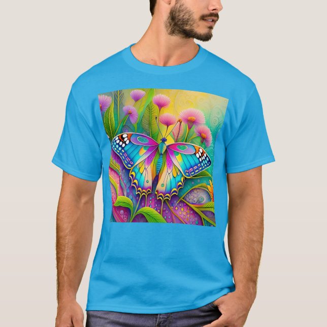 Camiseta Mariposa psicodélica y flores silvestres coloridas (Anverso)