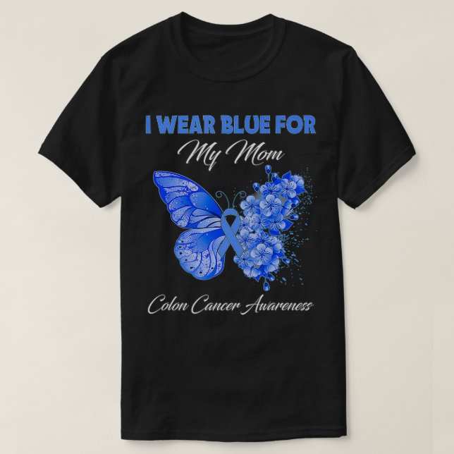 Camiseta Mariposa Que Llevo Azul Por Mi Mamá Cáncer De Coló (Diseño del anverso)